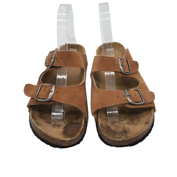 Pierre Dumas Shoes - Pierre Dumas Women's Brown Suede Leather Cork Slip On Buckle Sandals Size 8